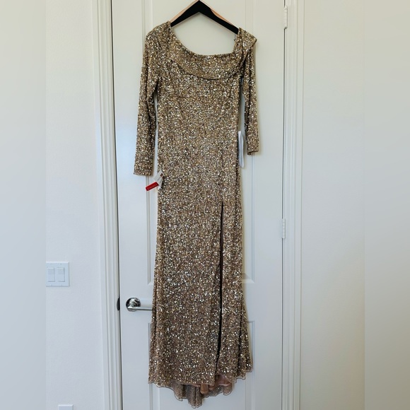 Mac Duggal | 5449 Sequined One Shoulder Evening Gown Simmering Gold Size 8 NWT - Picture 6 of 13